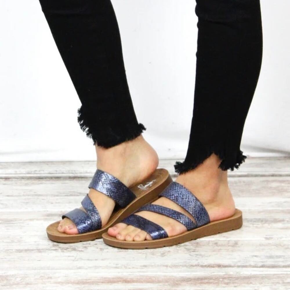 Corkys Lydia Asymmetrical Fashion Slide Sandals Blue Grey Snake 9